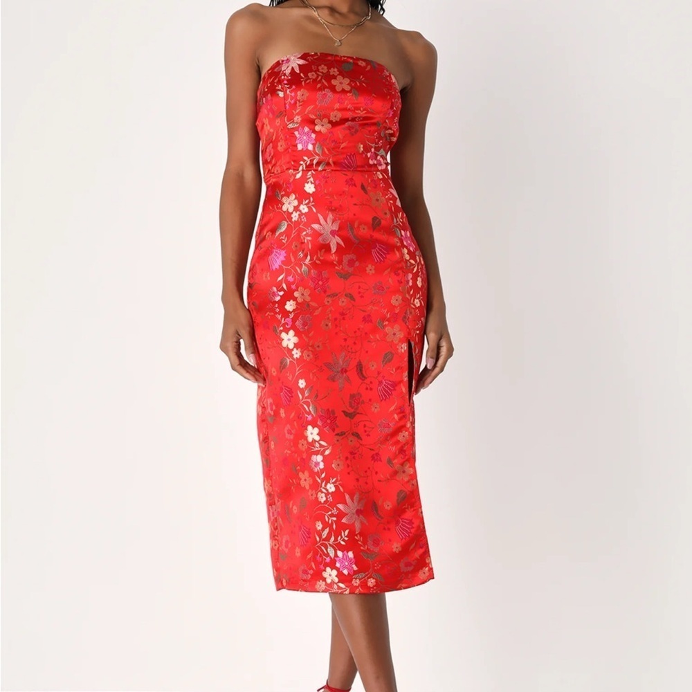 Lulus satin jacquard  Elegant Red Floral Strapless Dress Sz M nwot - Picture 5 of 5